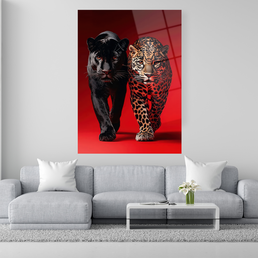 Siyah panter ve leopar figürlü kırmızı zeminli cam tablo