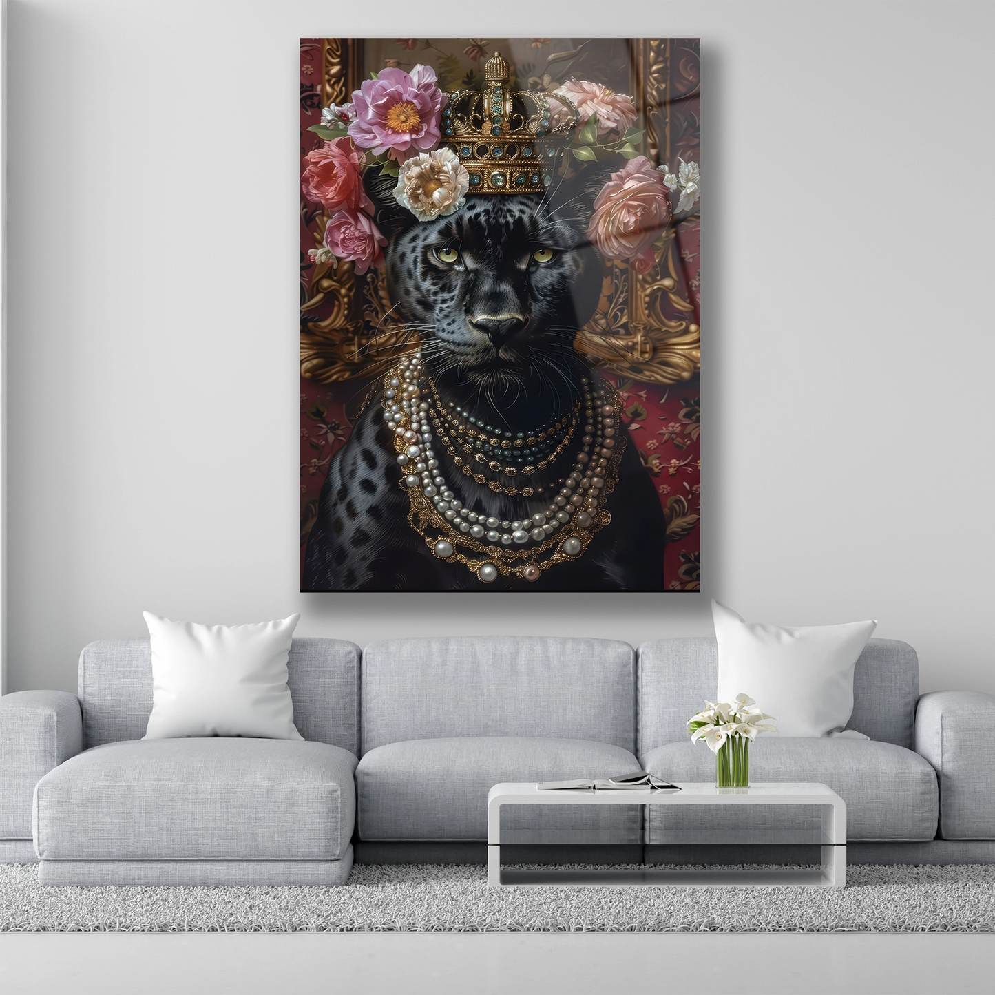 Altın taçlı ve inci kolyeli siyah panter portresi cam tablo