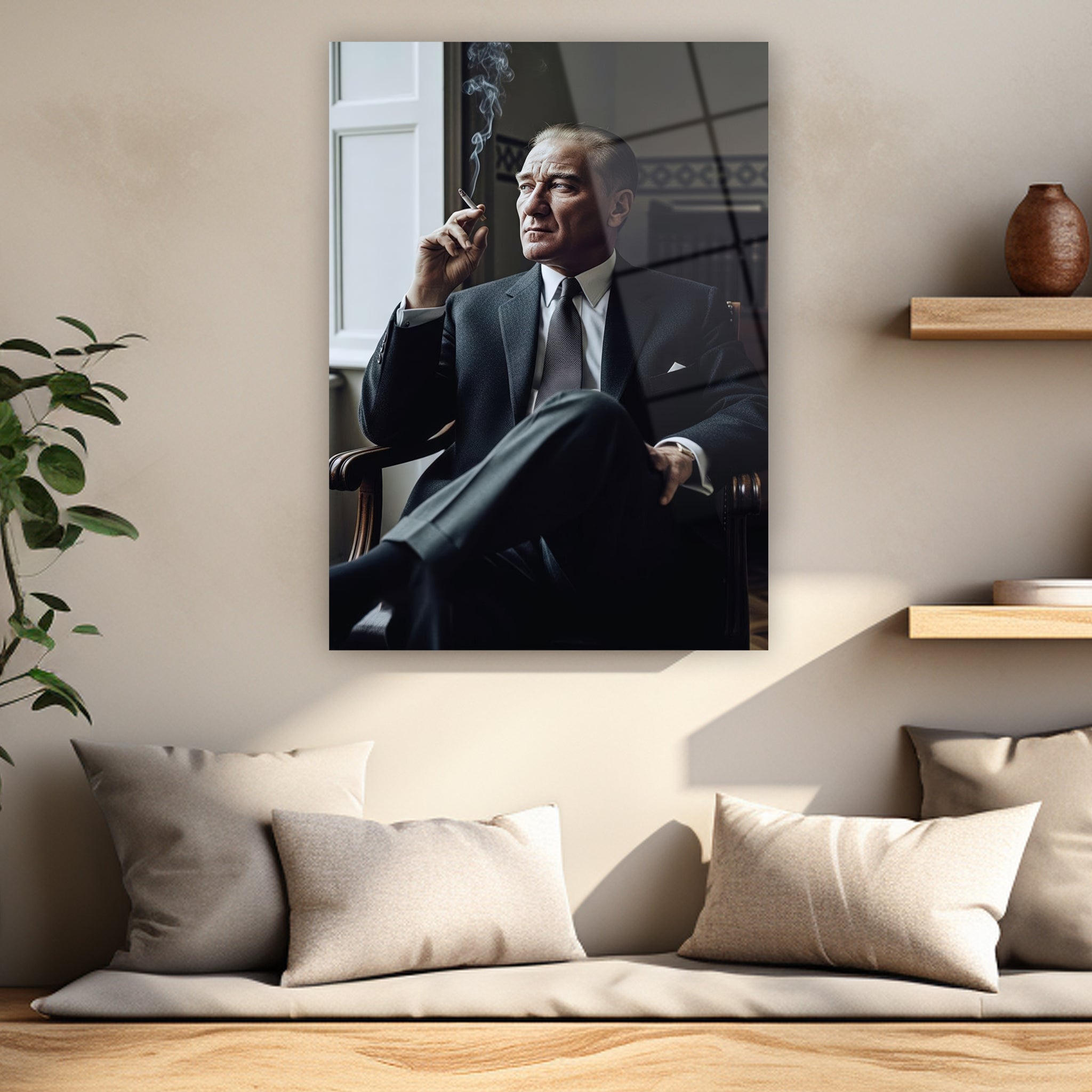 Ofis duvarı dekorasyonu için büyük boy Atatürk cam tablo tasarımı