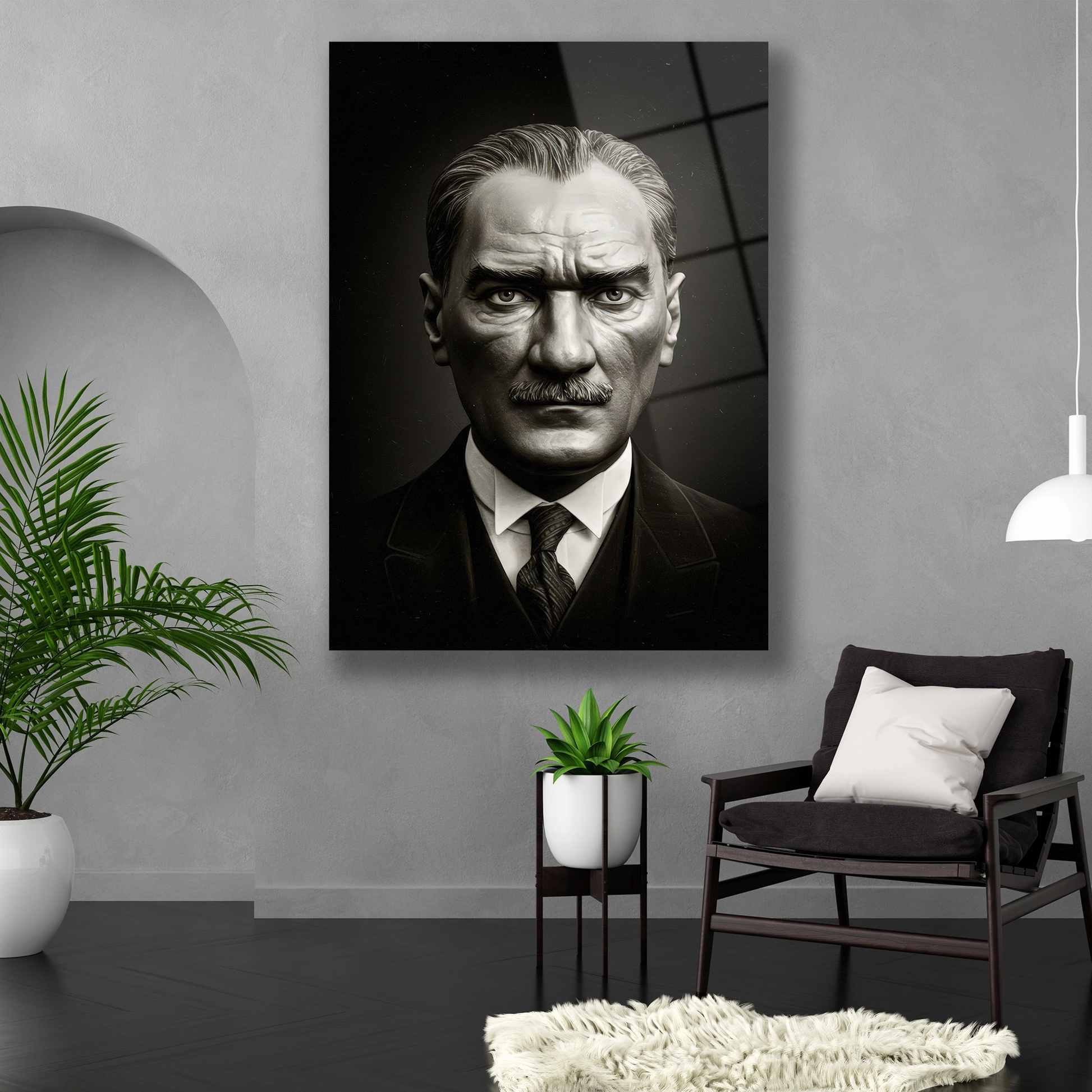 Dikey formda ciddi bakışlı siyah zeminli Atatürk duvar dekoru