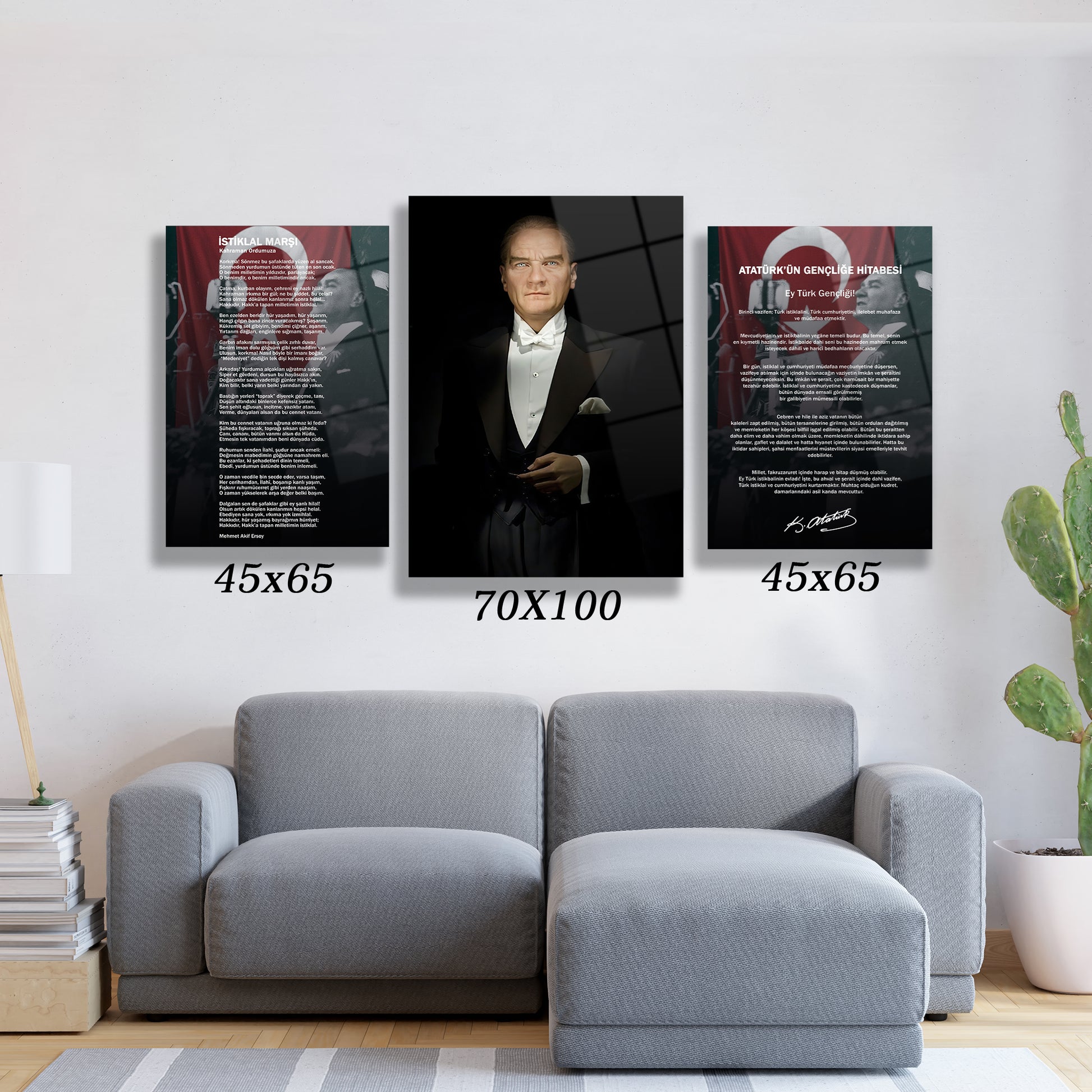 smokinli atatürk portresi istiklal marşı ve gençliğe hitabe 3 lü cam tablo seti