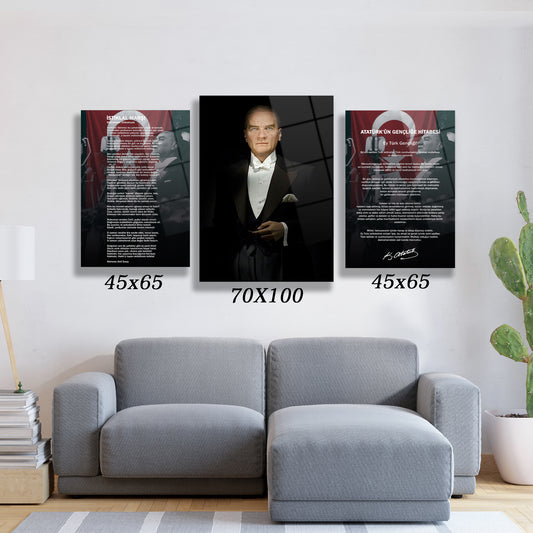 smokinli atatürk portresi istiklal marşı ve gençliğe hitabe 3 lü cam tablo seti