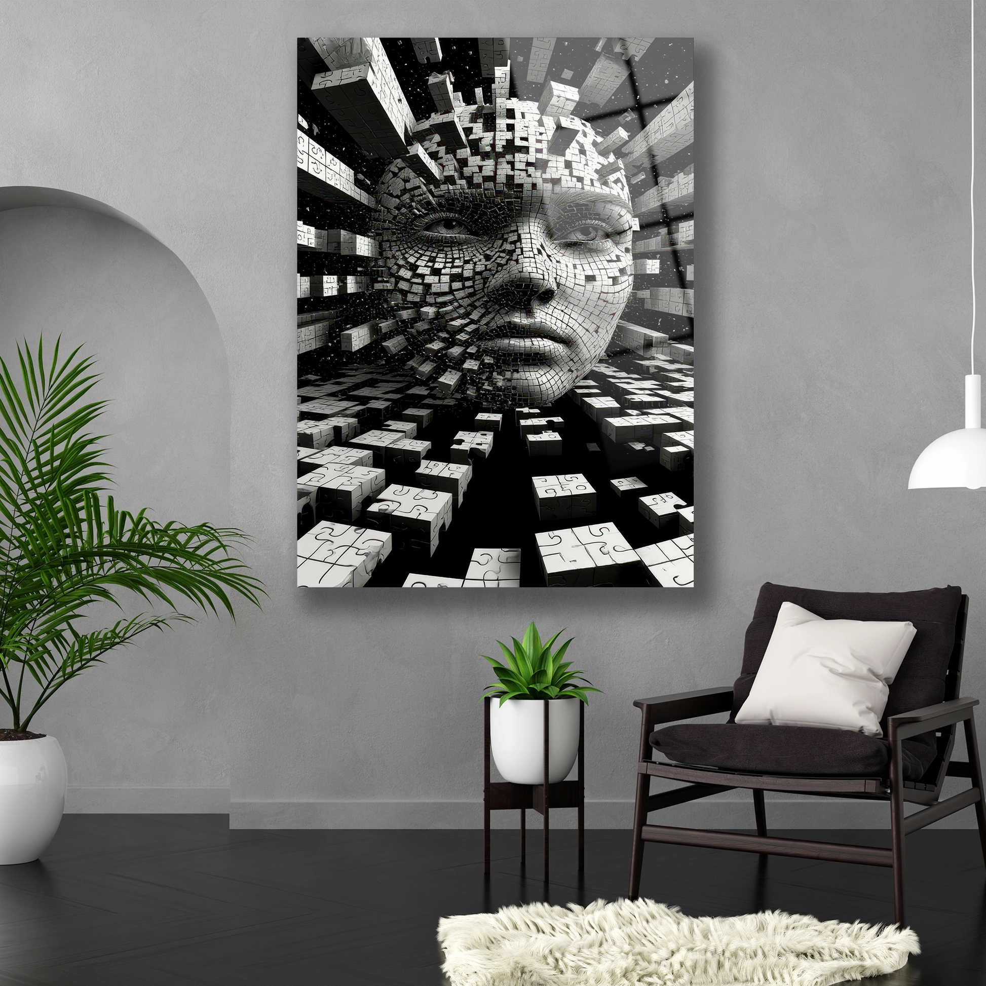 Dikey formda sürrealist bilim kurgu temalı temperli cam tablo