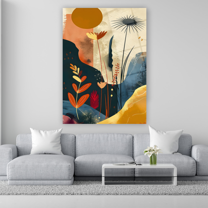 bohem tarzı soyut botanik ve güneş desenli cam tablo