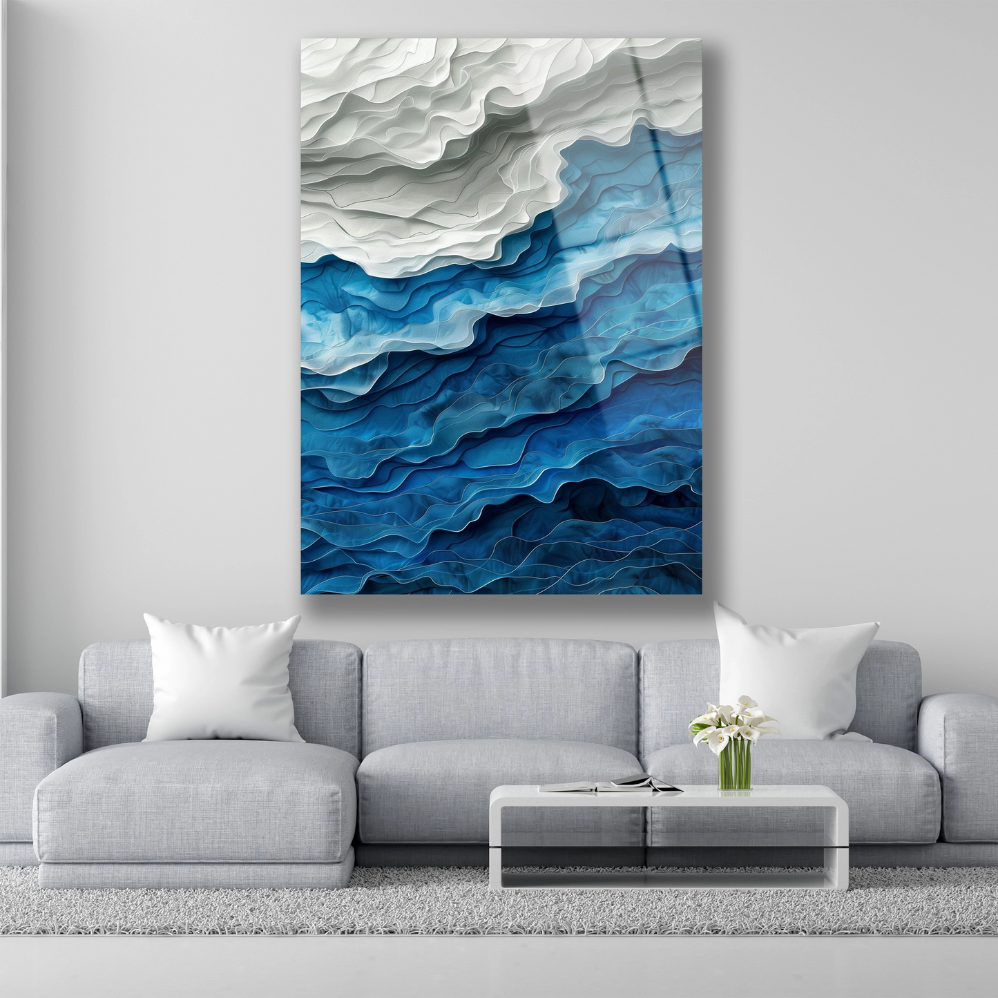 Mavi beyaz katmanlı kağıt sanatı görünümlü soyut cam tablo