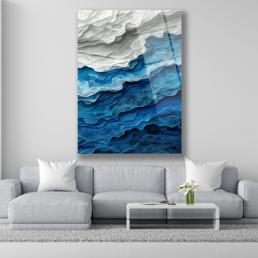 Mavi beyaz katmanlı kağıt sanatı görünümlü soyut cam tablo