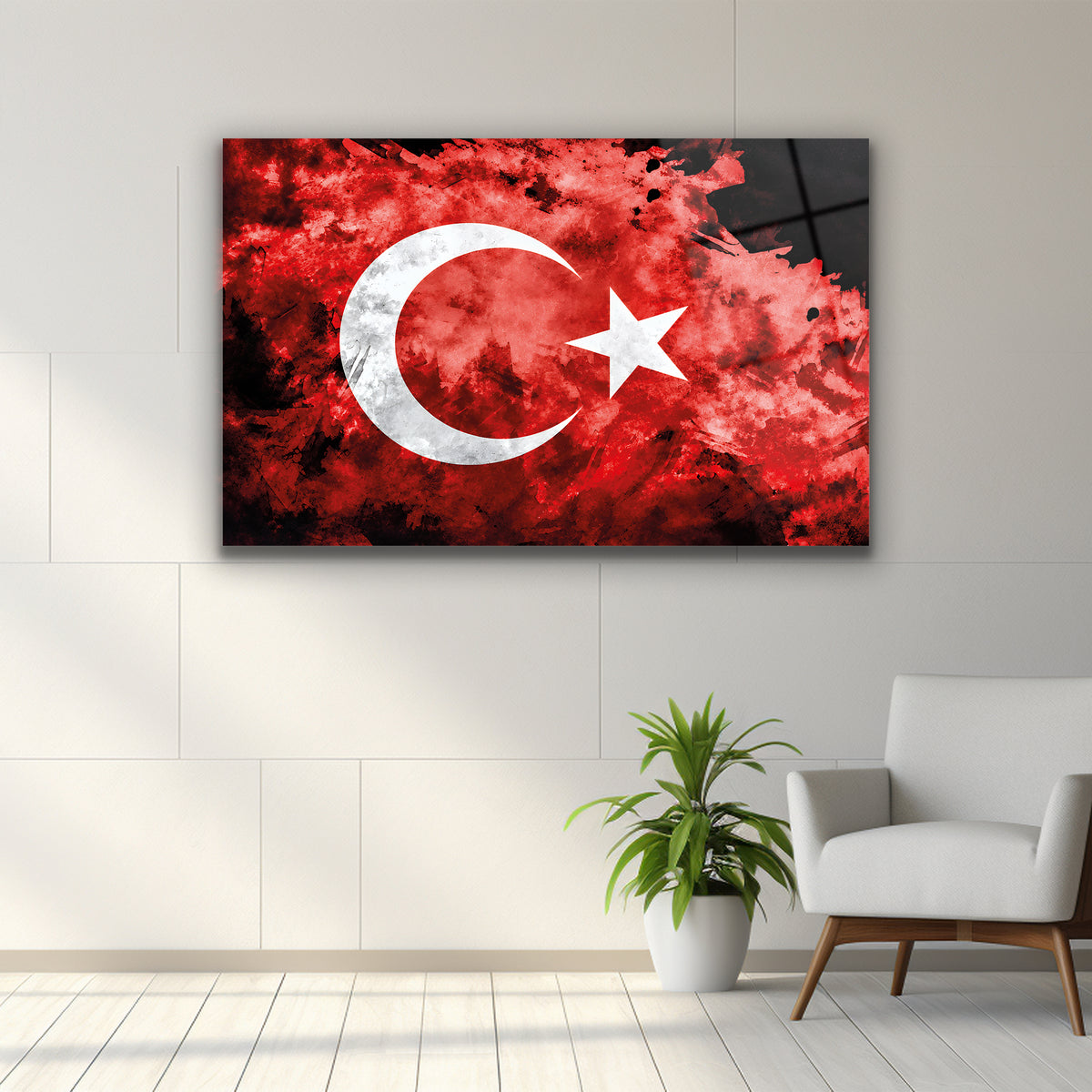 Soyut dokulu ay yıldız Türk Bayrağı cam tablo
