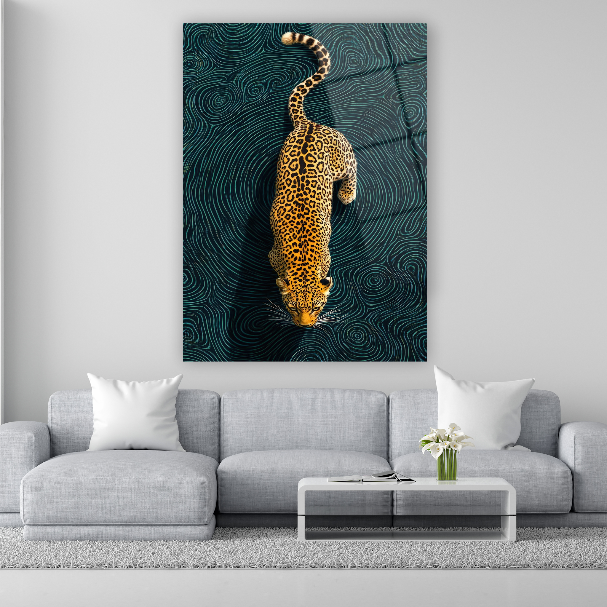 modern soyut zeminli altın sarısı leopar duvar dekoru