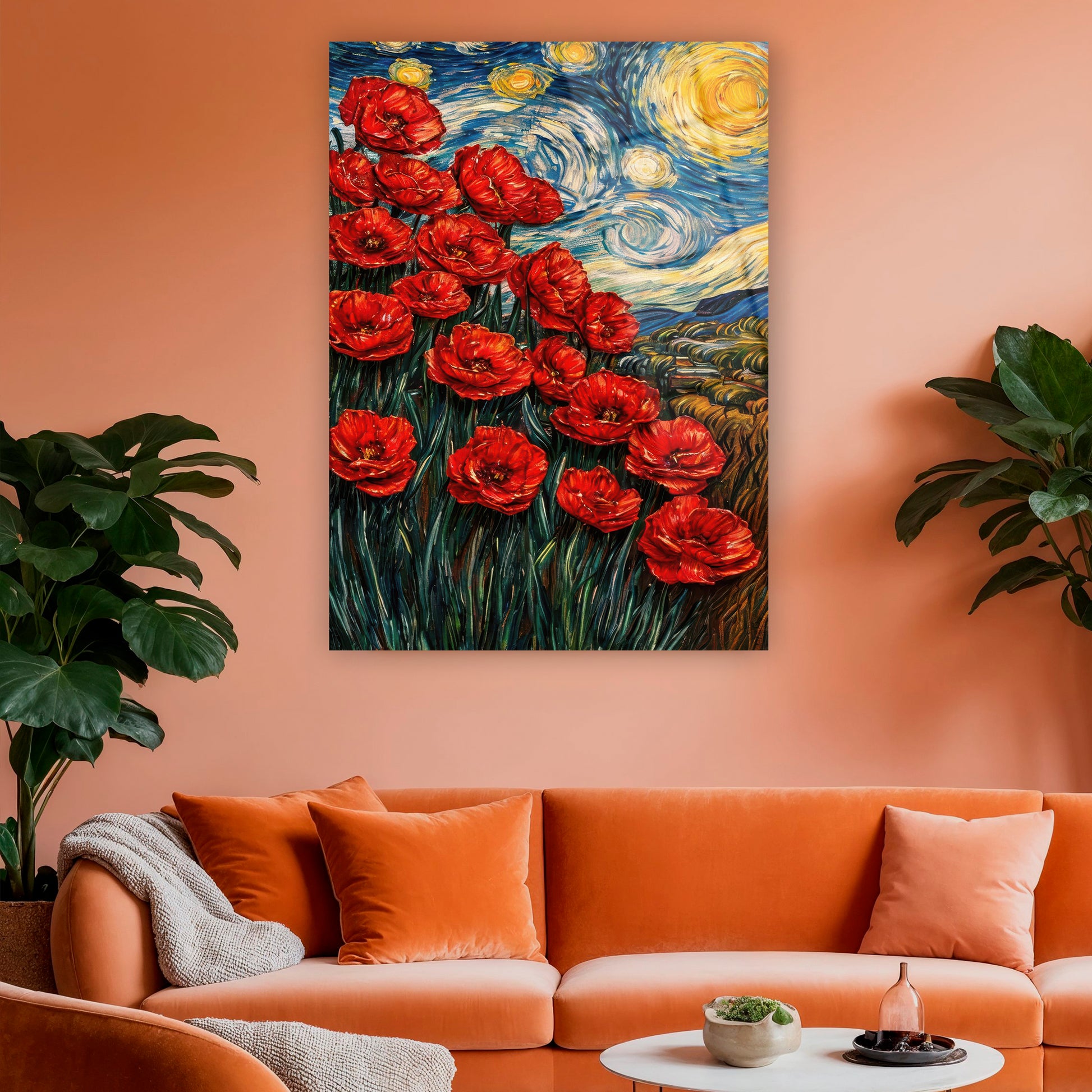 starry night style red poppies glass art