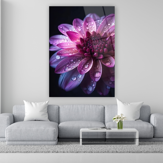 su damlalı mor çiçek makro cam tablo