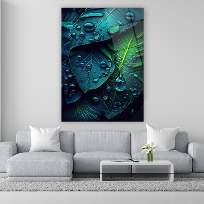 su damlası detaylı tropikal yaprak cam tablo