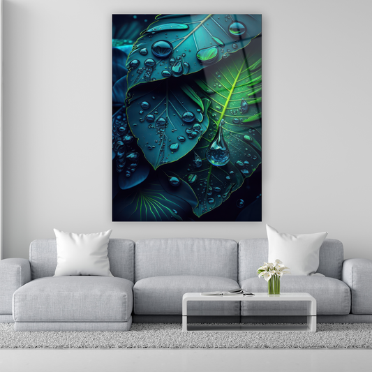 su damlası detaylı tropikal yaprak cam tablo