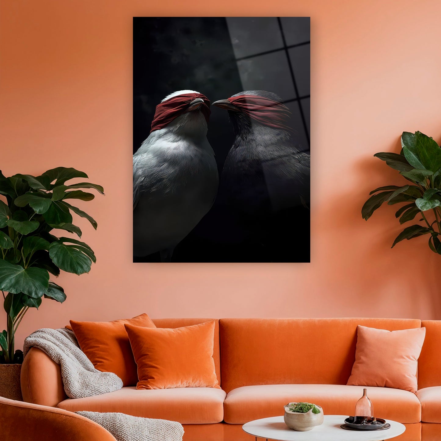 metaforik ve sürrealist kuş figürlü cam duvar sanatı