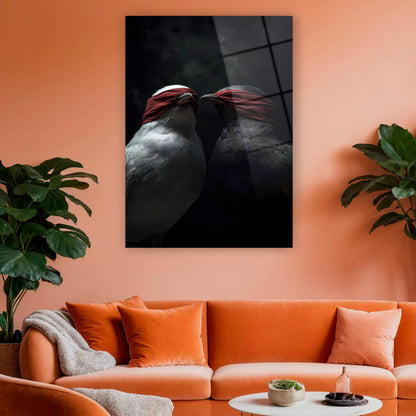 metaforik ve sürrealist kuş figürlü cam duvar sanatı