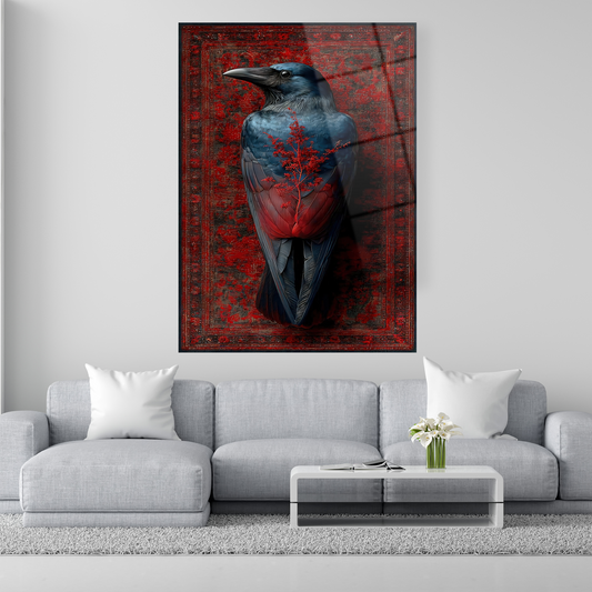 Kırmızı halı dokulu zemin üzerinde siyah kuzgun cam tablo