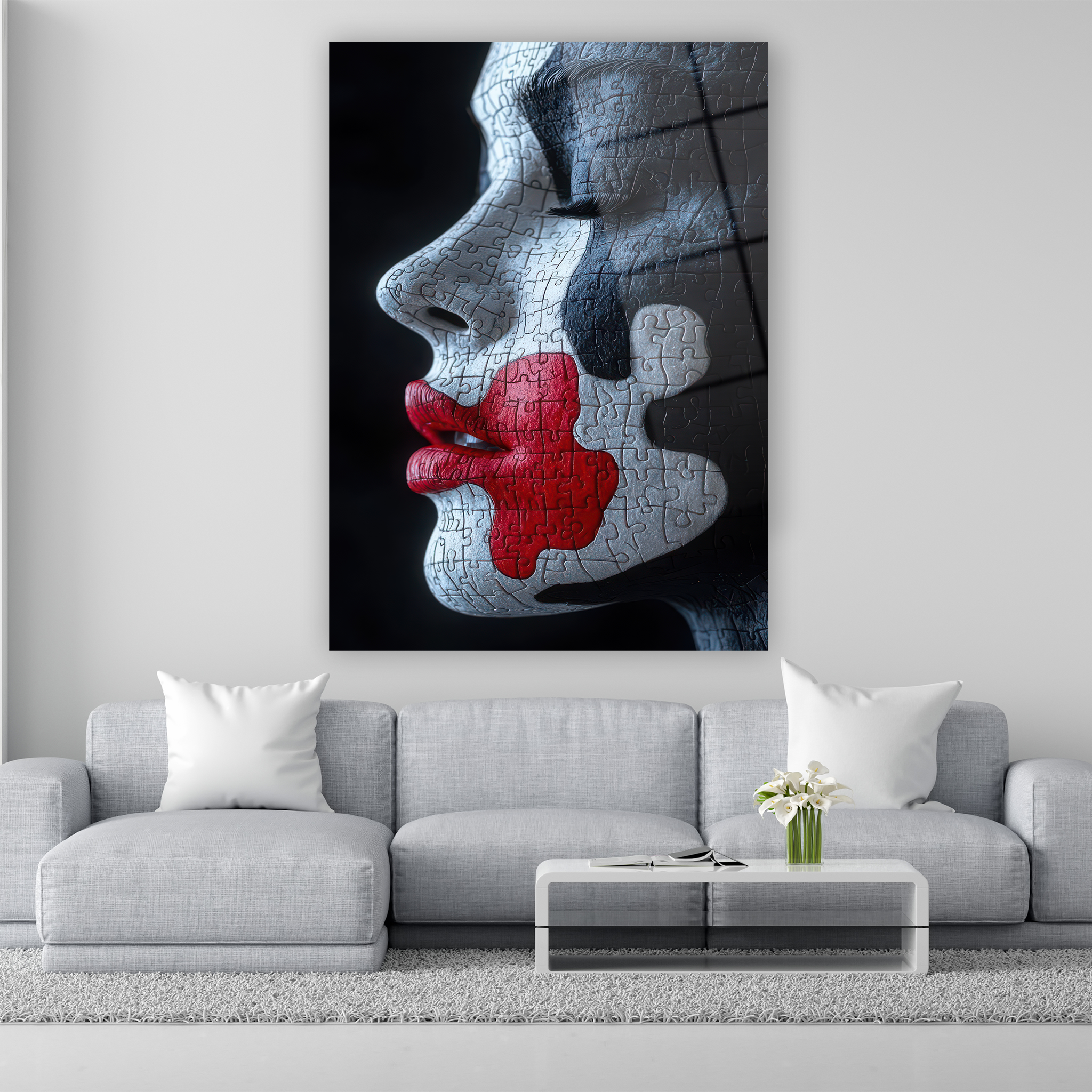 puzzle face surreal art glass print