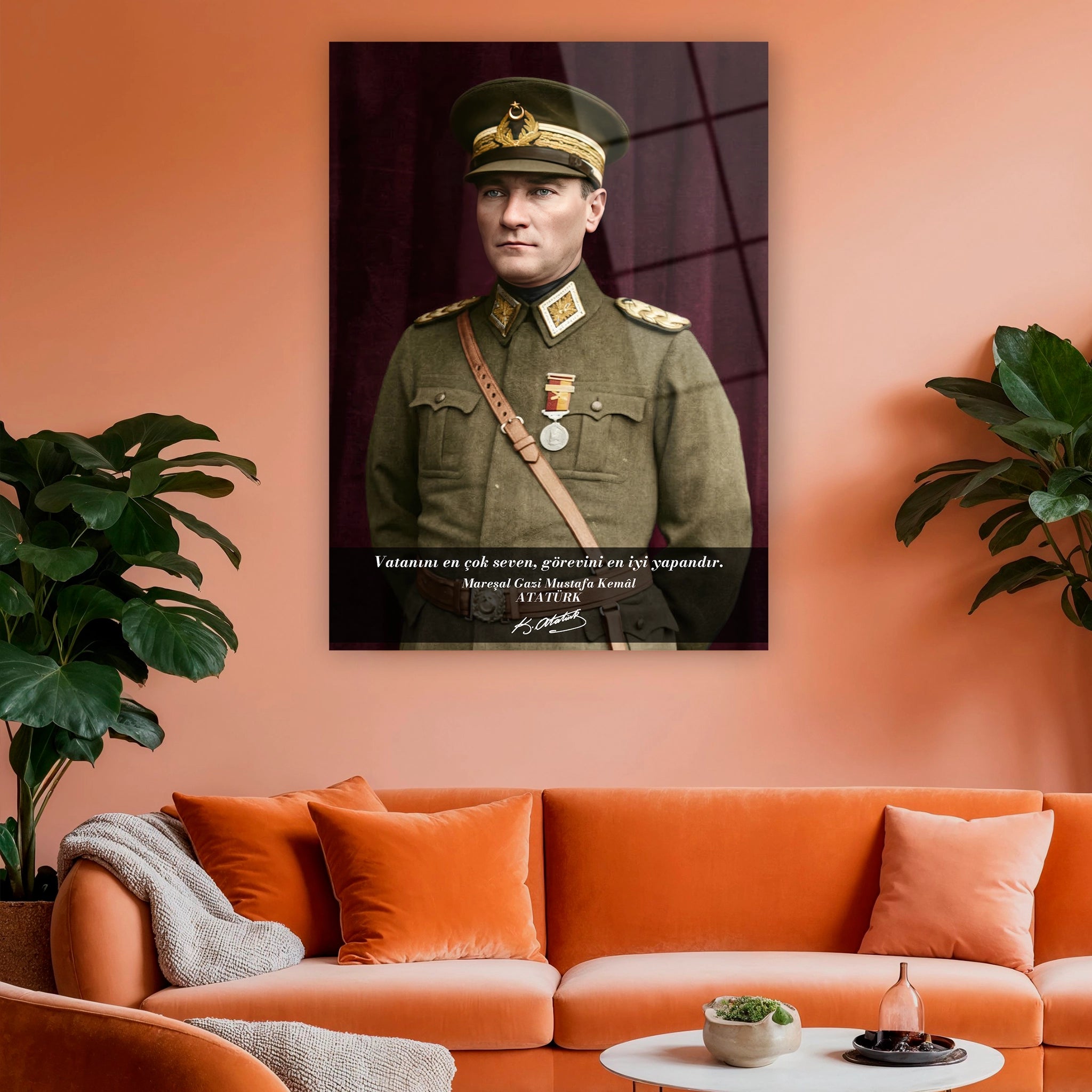 makam odası için tarihi sözlü atatürk temperli cam sanatı
