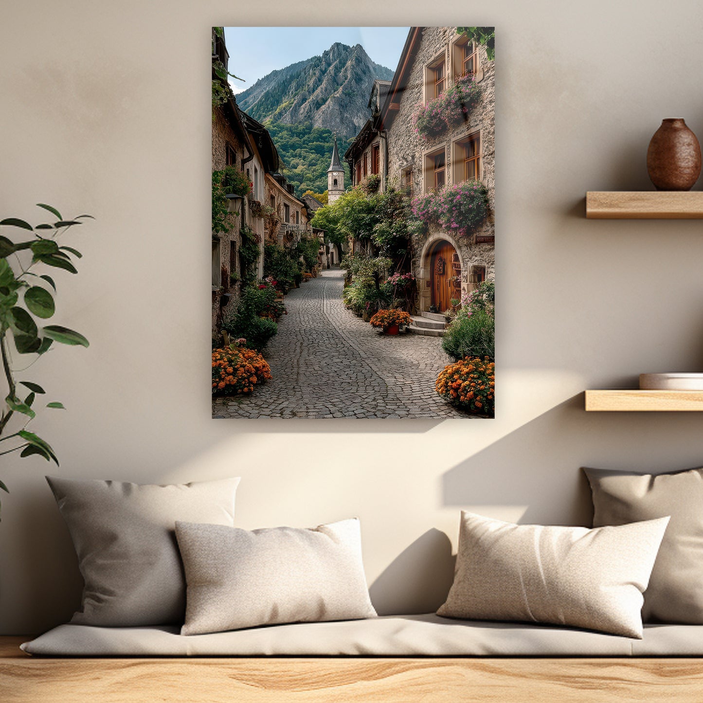 rustik kasaba ve kilise kulesi manzara posteri