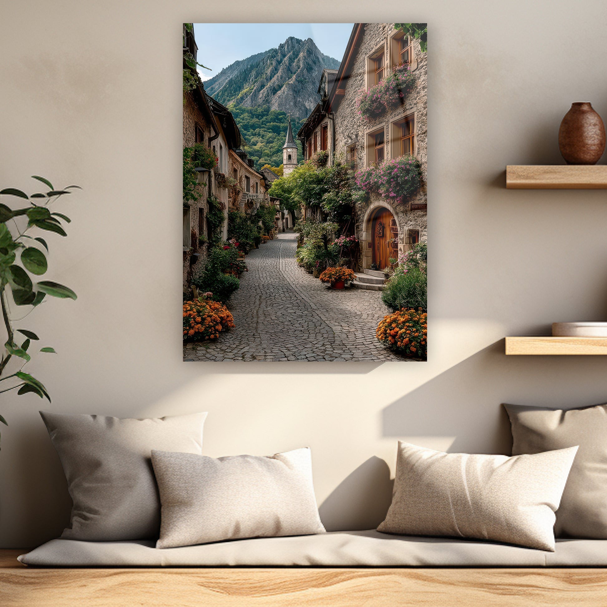 rustik kasaba ve kilise kulesi manzara posteri