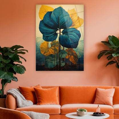 teal ve hardal sarısı dev tropikal yapraklar cam tablo