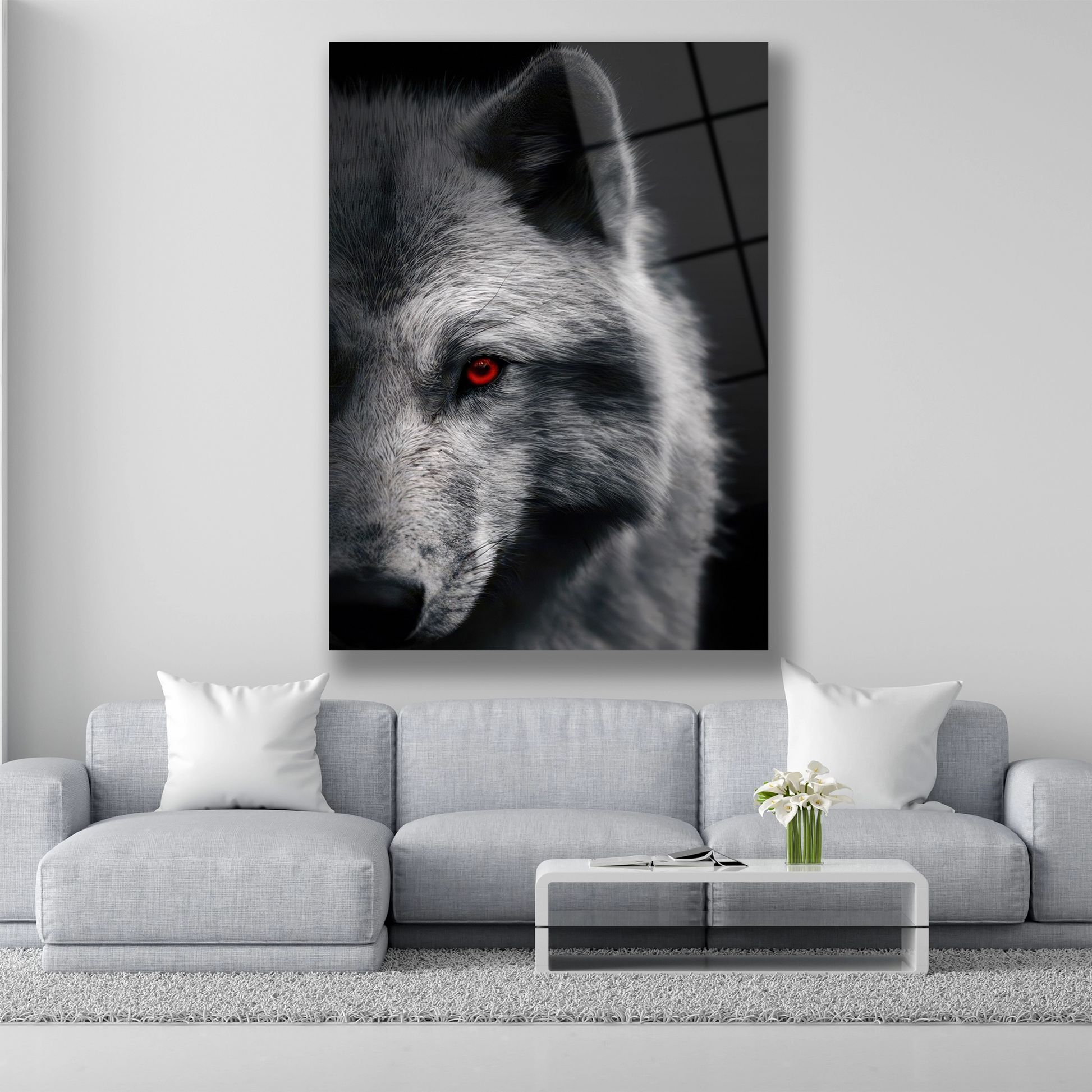 Siyah arka plan üzerinde kırmızı gözlü beyaz kurt portresi cam tablo