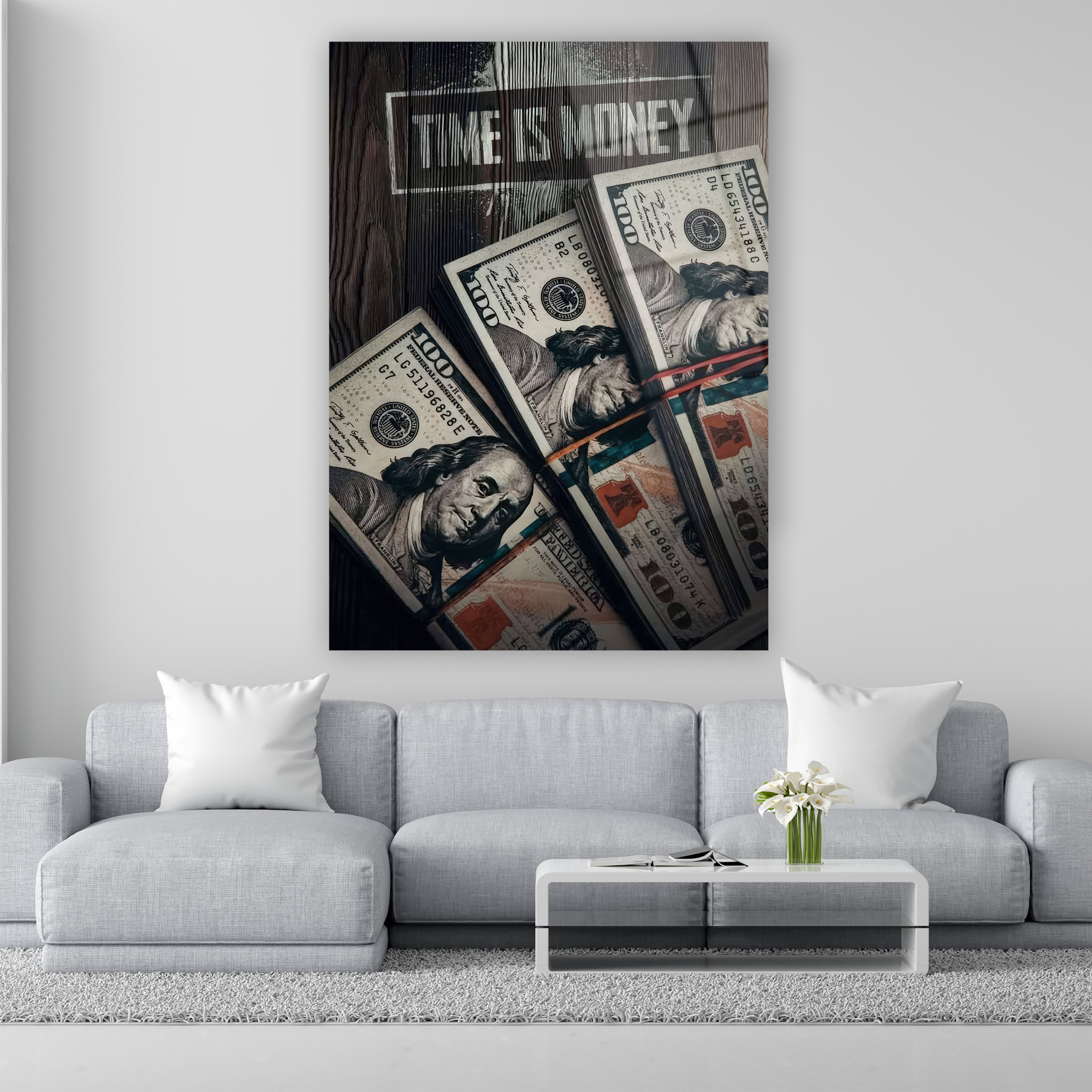 time is money yazılı 100 dolar destesi motivasyon cam tablo