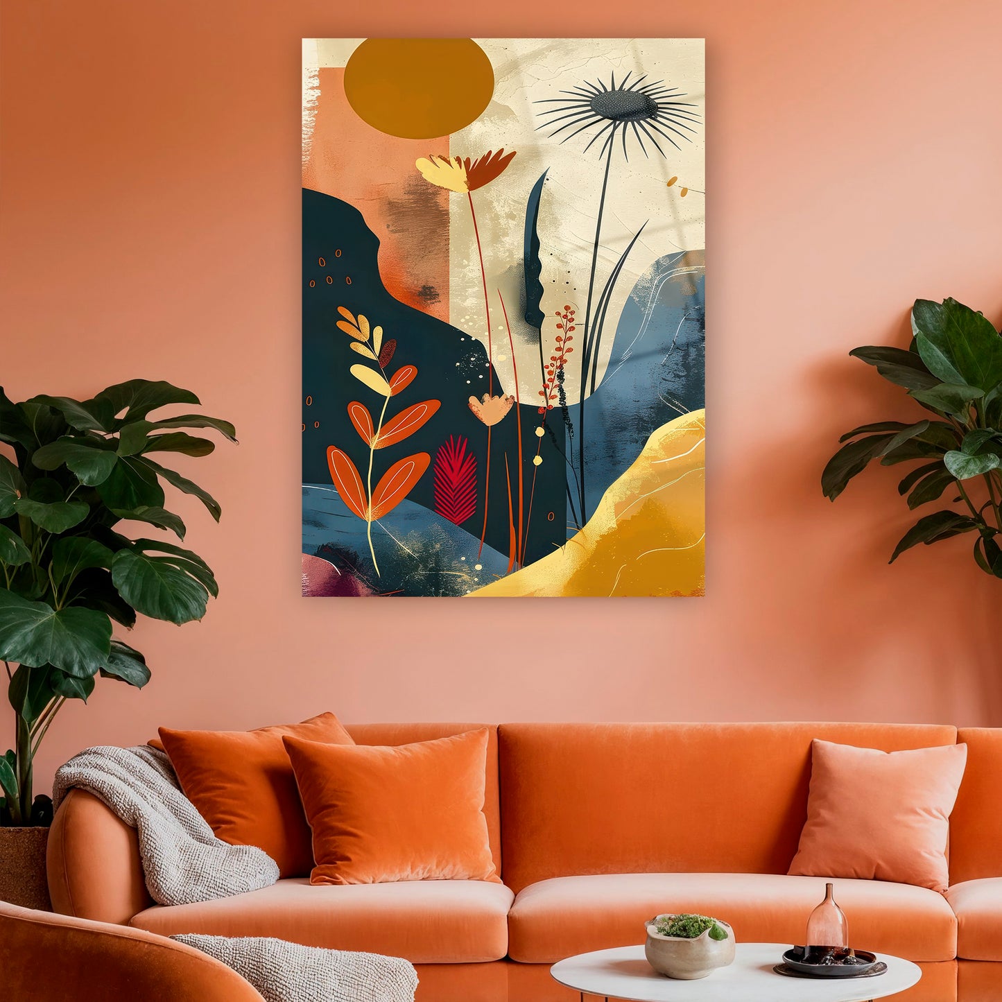 toprak tonları hardal sarısı ve lacivert modern duvar dekoru