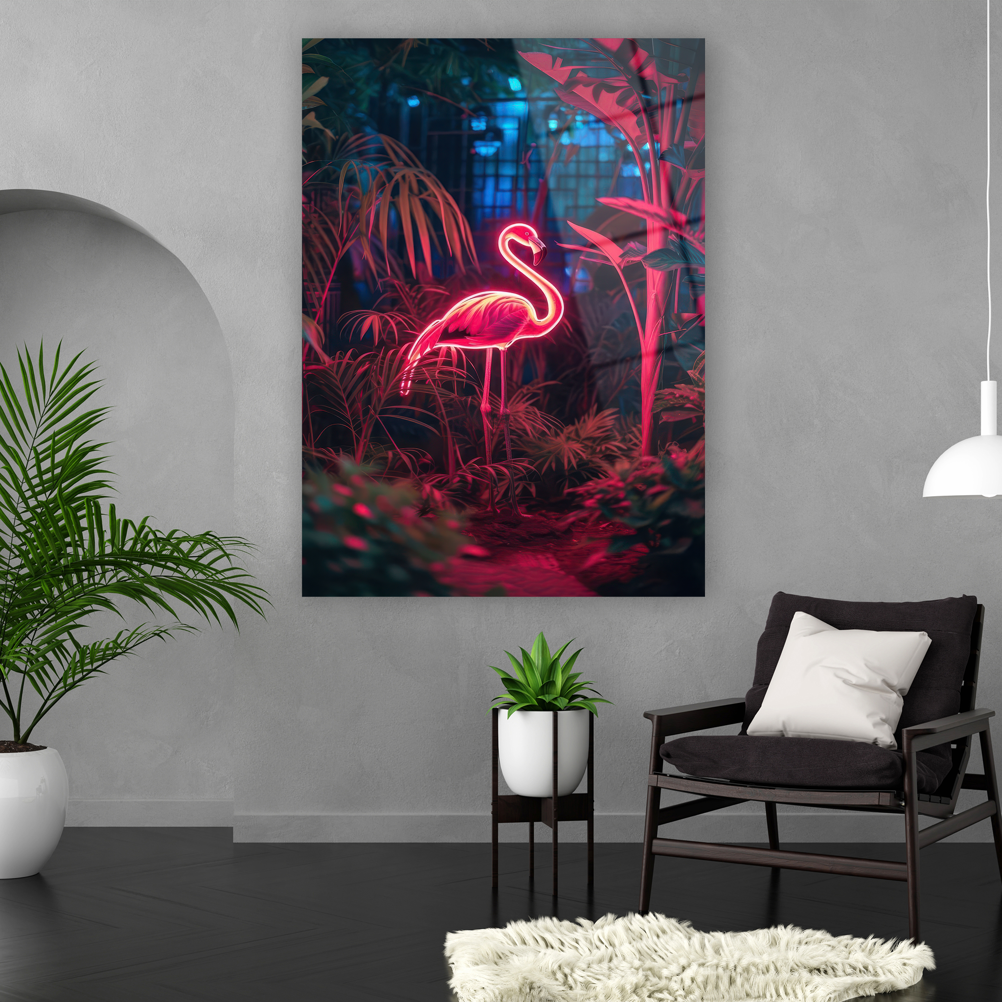 neon pink flamingo tropical jungle art