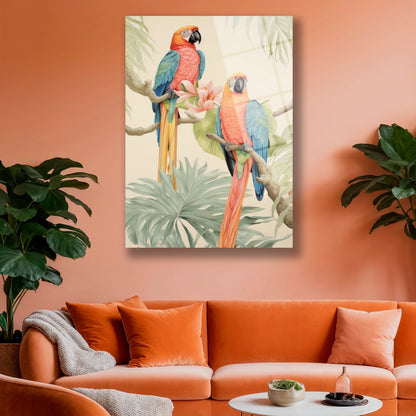 Krem rengi duvarda asılı tropikal kuş temalı modern cam duvar panosu