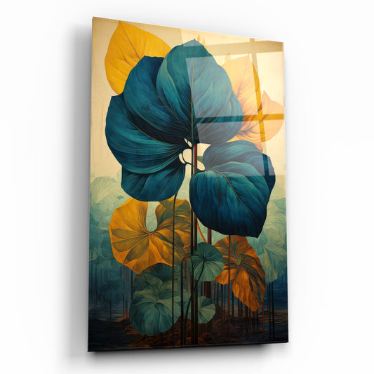 Teal ve Hardal Sarısı Dev Tropikal Yapraklar Sanatsal Cam Tablo