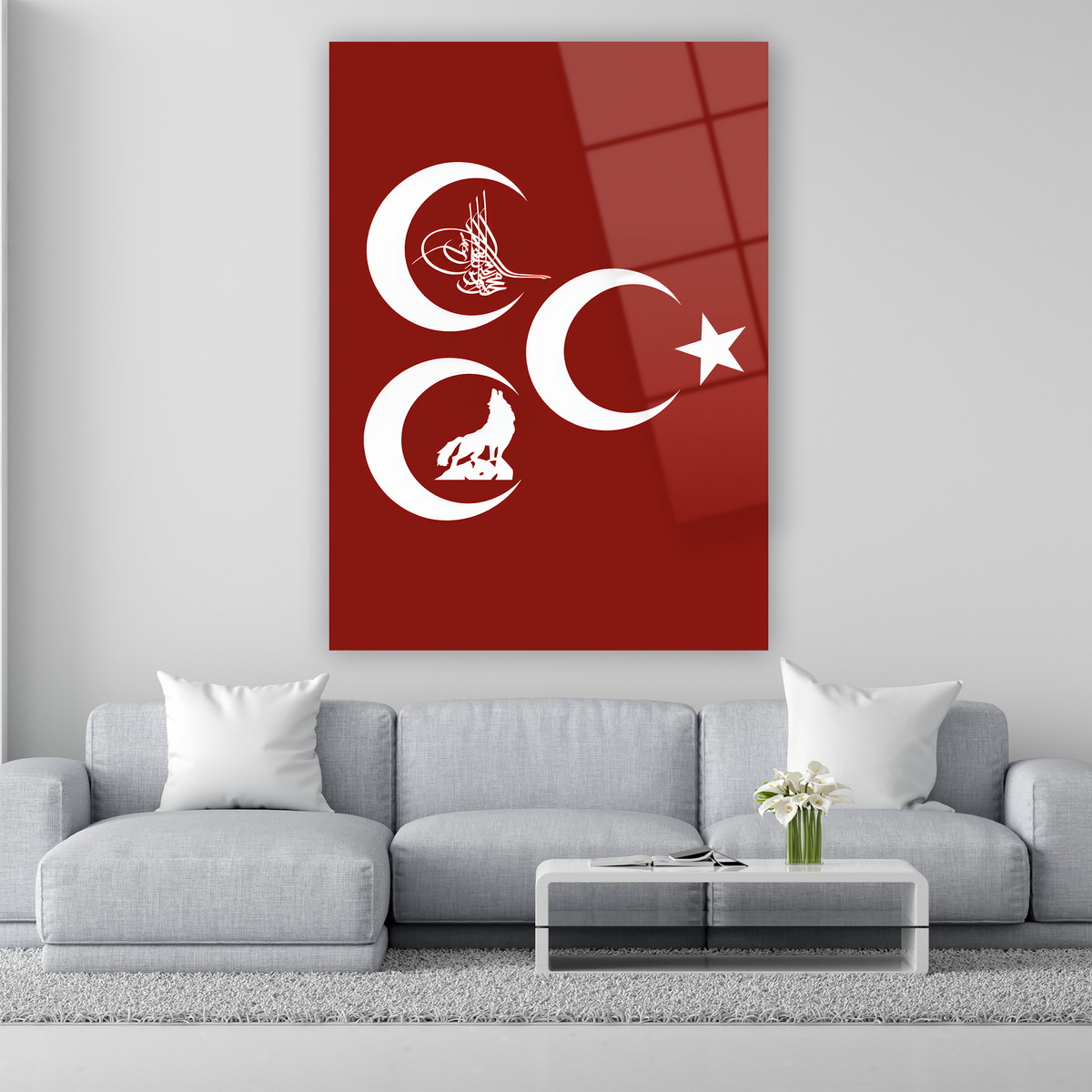 Osmanlı tuğrası bozkurt ve ay yıldızlı cam tablo