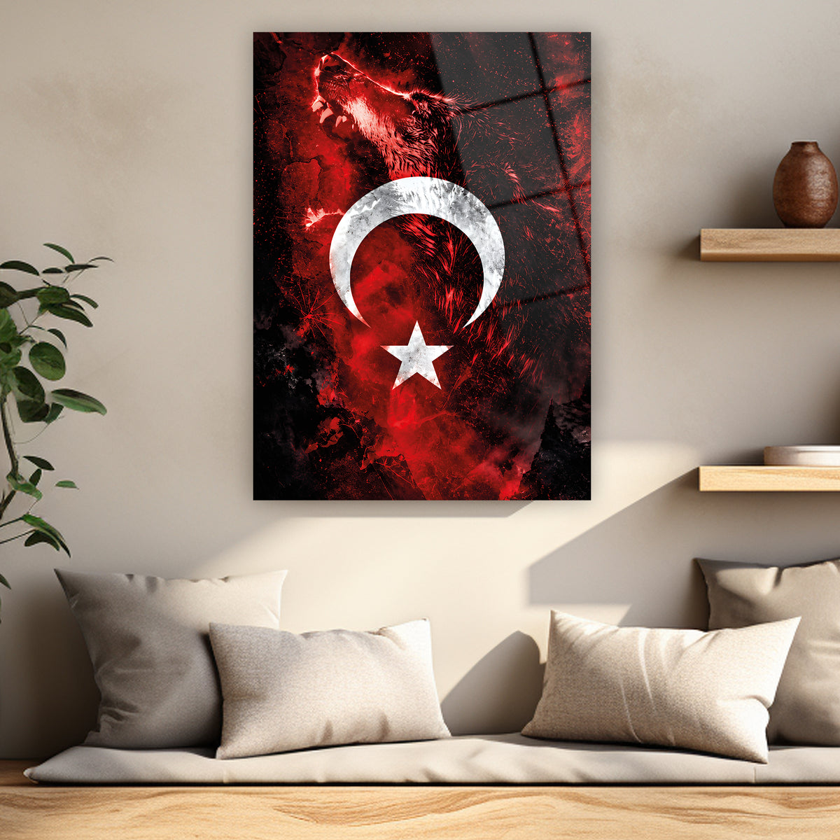Kırmızı siyah bozkurt figürlü Türk temalı duvar tablosu
