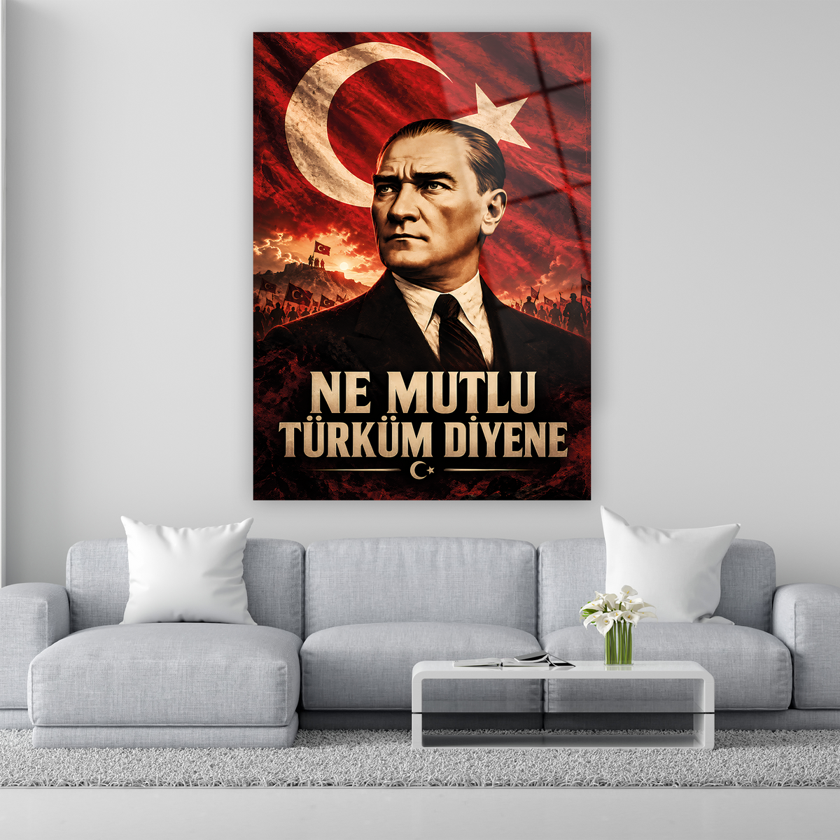 Kırmızı Türk bayrağı arka planlı Atatürk portresi cam tablo
