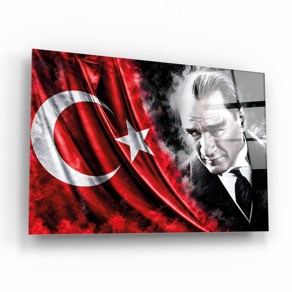 Türk bayraklı Atatürk yatay cam tablo