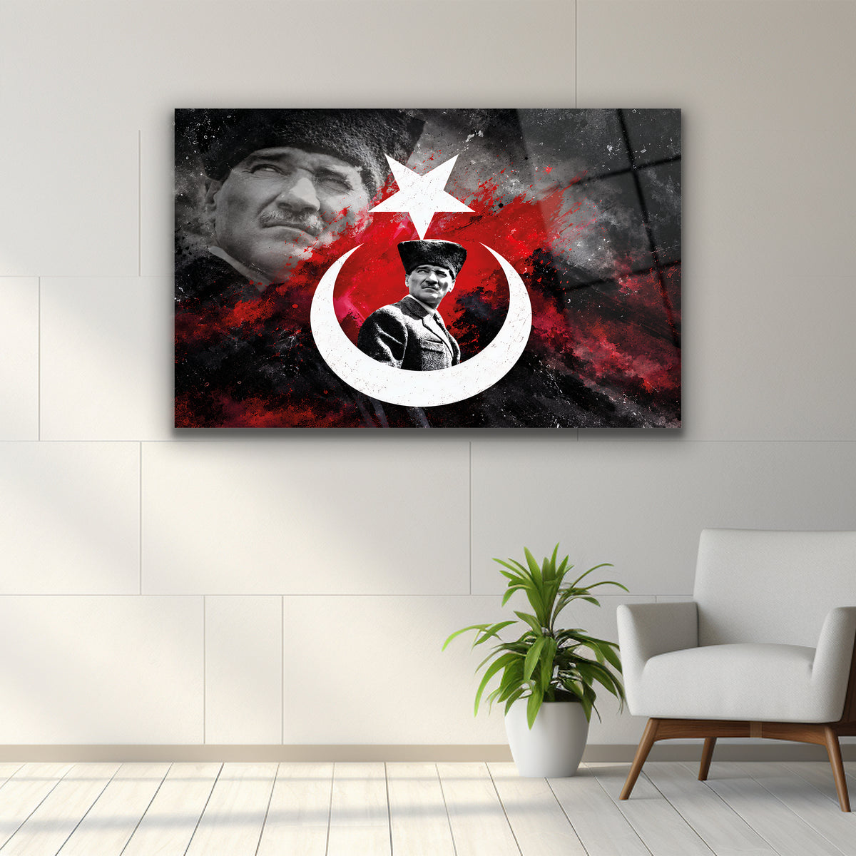 Türk bayraklı Atatürk portresi temperli cam tablo