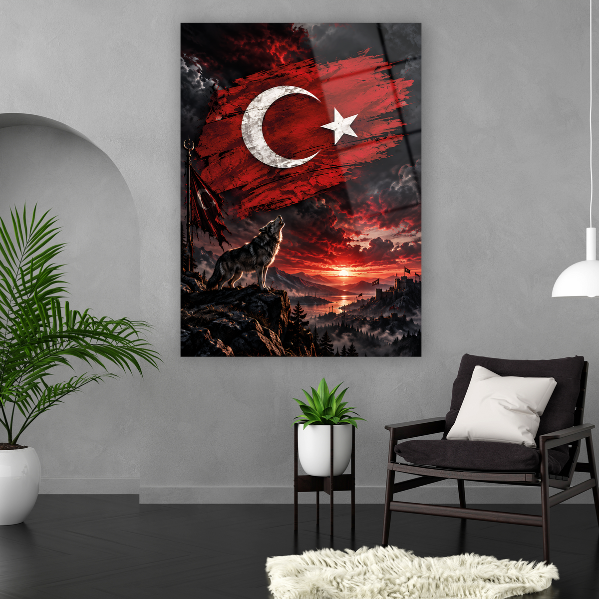 Kale ve dağ manzaralı Türk bayraklı bozkurt cam tablo