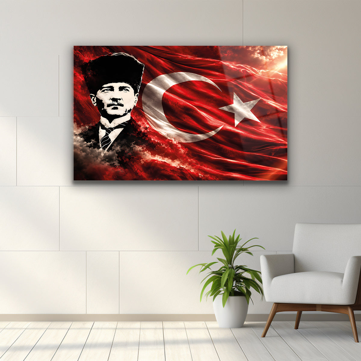Türk bayrağı önünde kalpaklı Atatürk portresi cam tablo