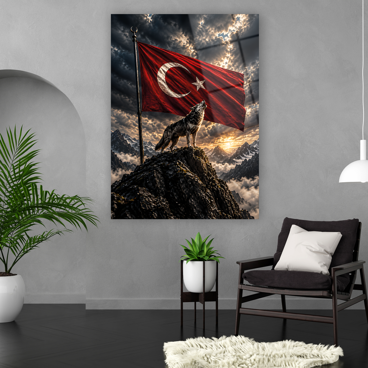 Gün batımlı dağlarda bozkurt Türk Bayrağı cam tablo
