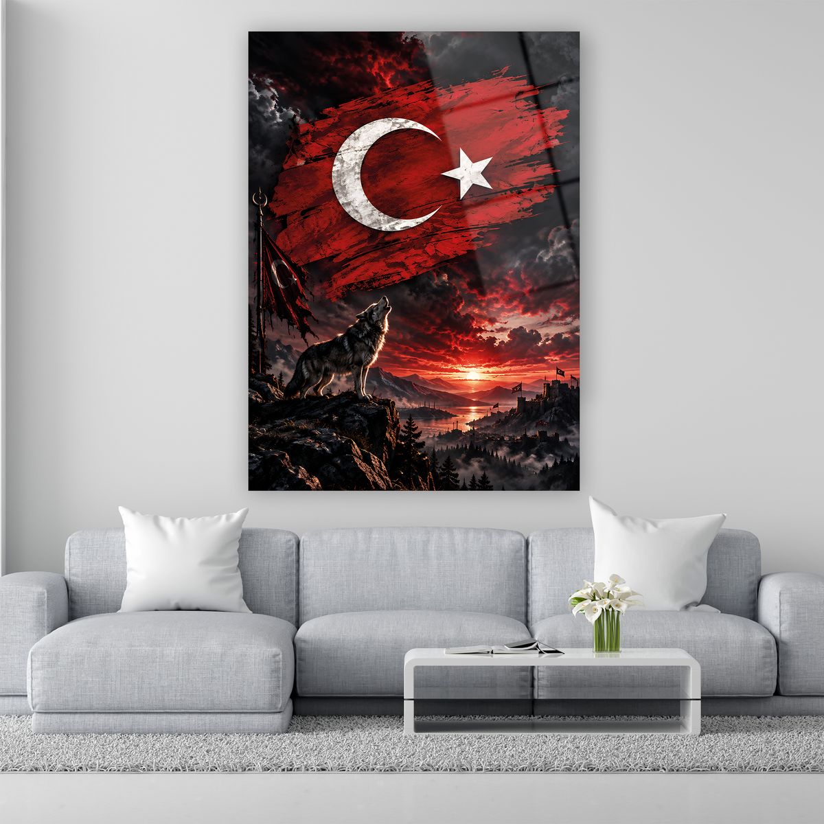 Uluyan bozkurt ve Türk bayrağı temalı cam tablo