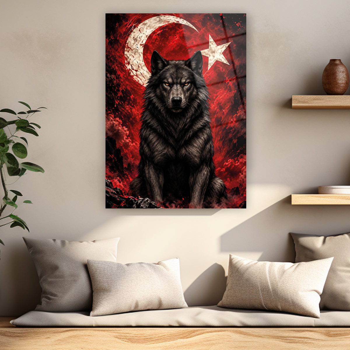 Dikey bozkurt ve ay yıldız dekoratif duvar tablosu