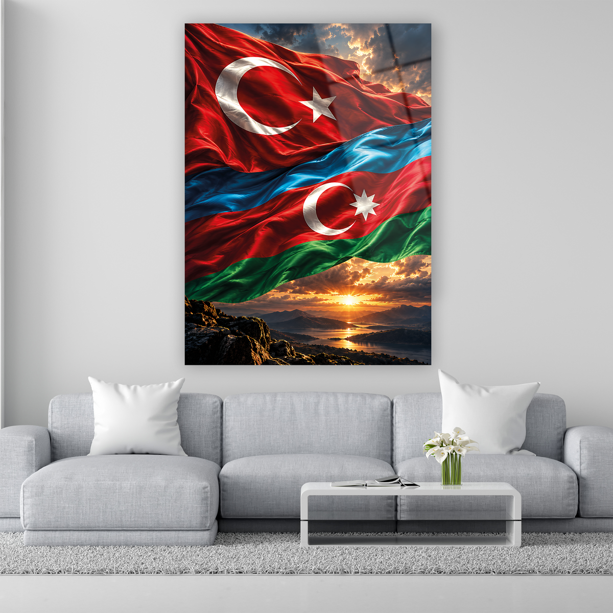 Türkiye ve Azerbaycan bayrakları gün batımlı cam tablo