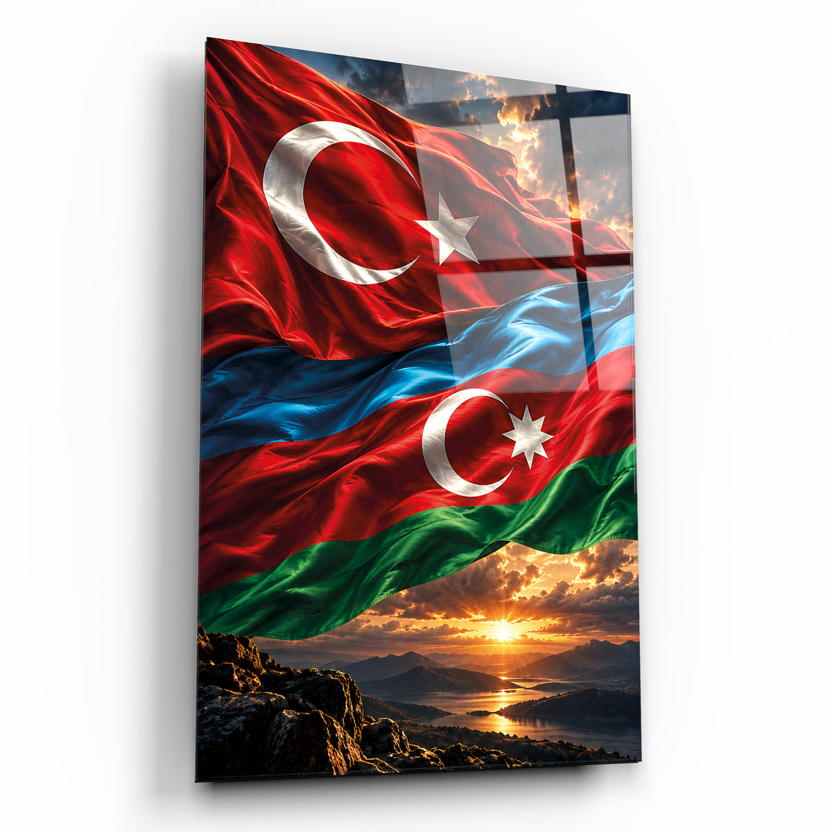 Türkiye Azerbaycan Kardeşliği bayrak temalı cam tablo