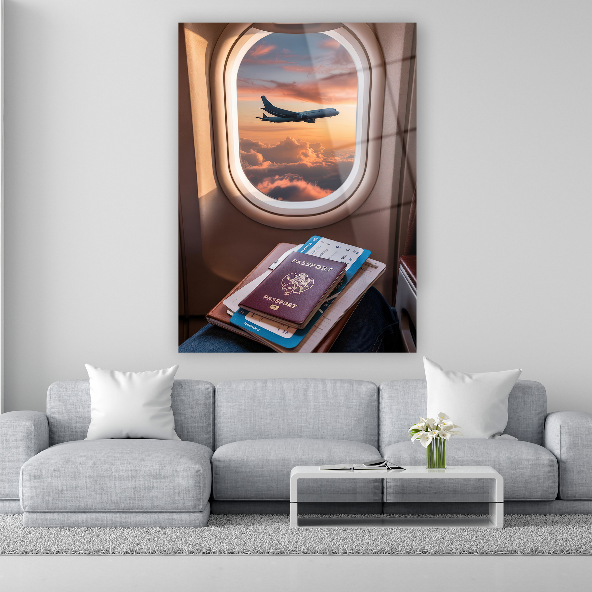 uçak penceresinden günbatımı bulutlar ve uçak manzaralı cam tablo