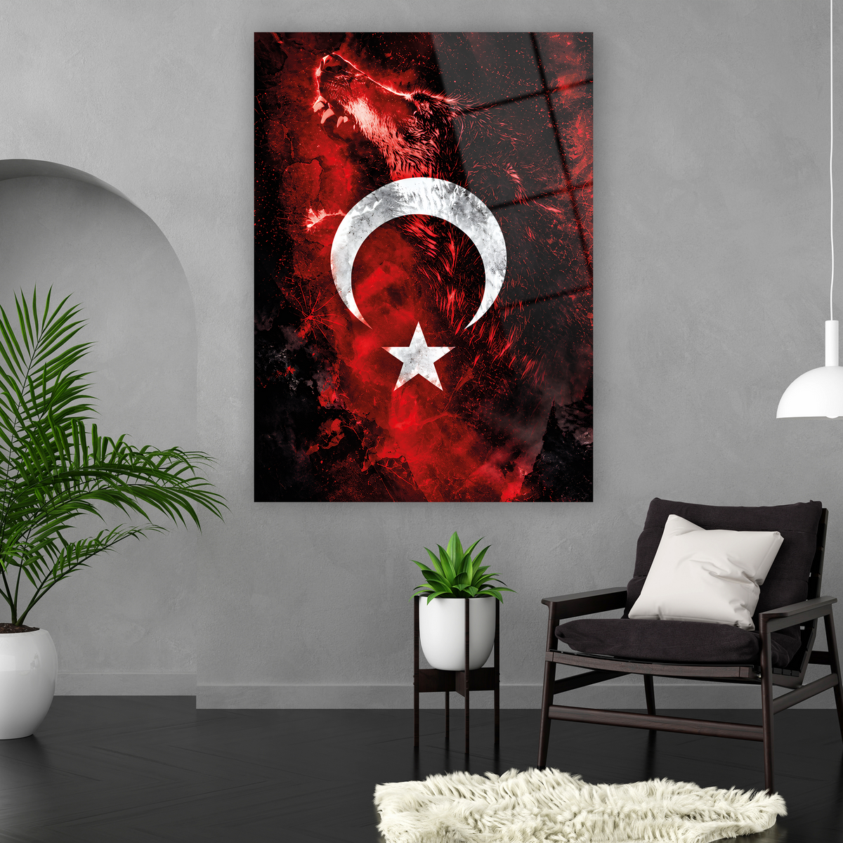 Ay yıldız ve uluyan bozkurt dekoratif cam tablo