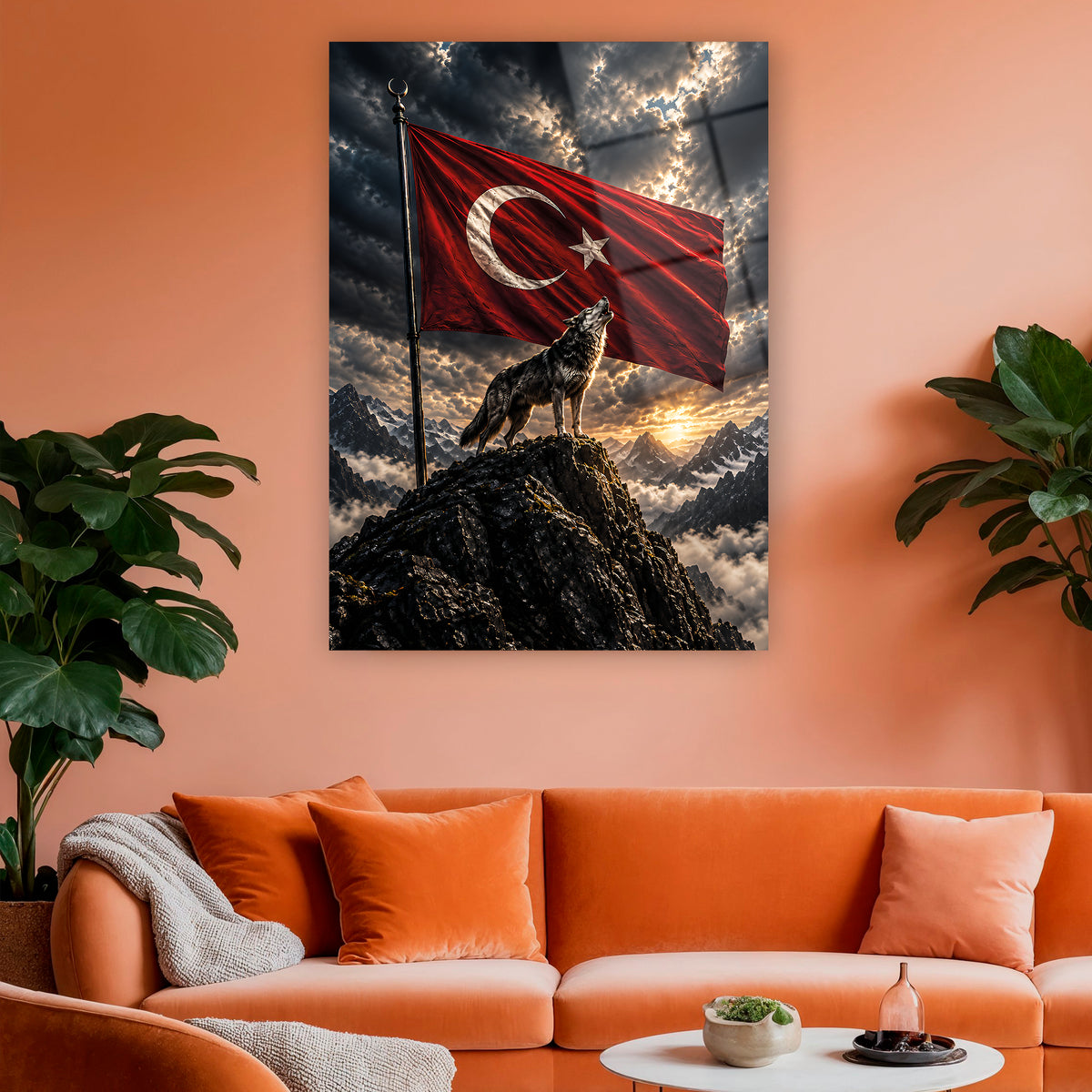 Türk bayraklı dağ manzaralı bozkurt temperli cam tablo