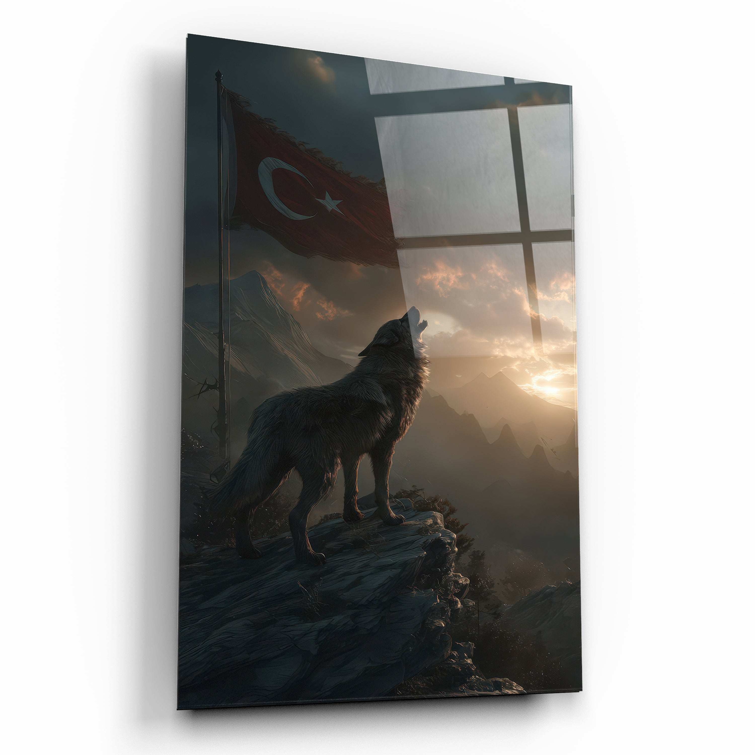 uluyan kurt ve türk bayrağının olduğu cam tablo ev dekoru