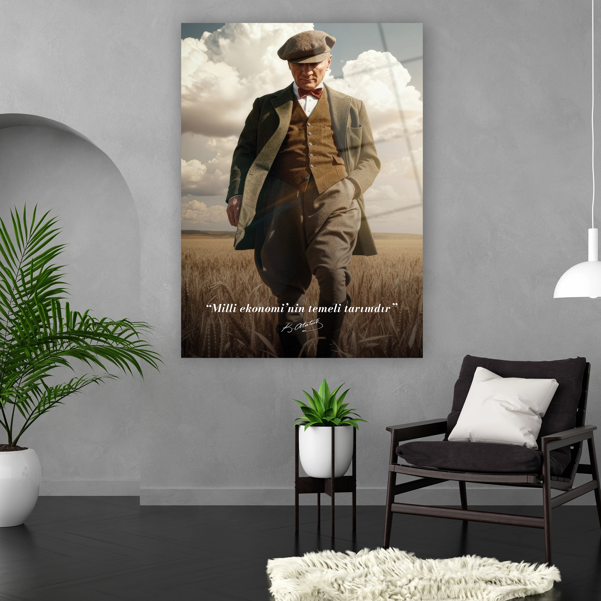 toprak tonlu altın sarısı tarlada atatürk pano tasarımı