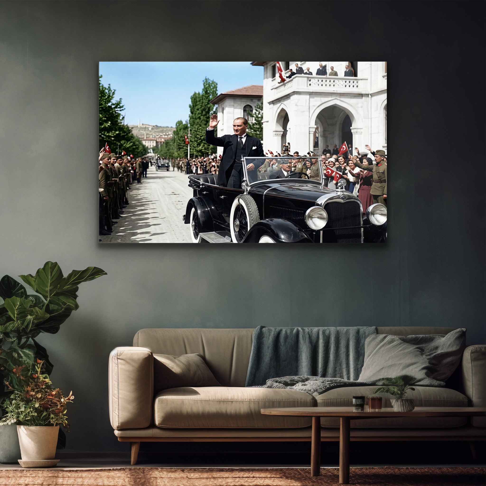 üstü açık arabada atatürk ve askerler premium temperli cam sanatı