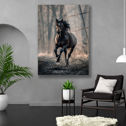 Dikey formda vahşi doğa ve at temalı temperli cam duvar dekoru