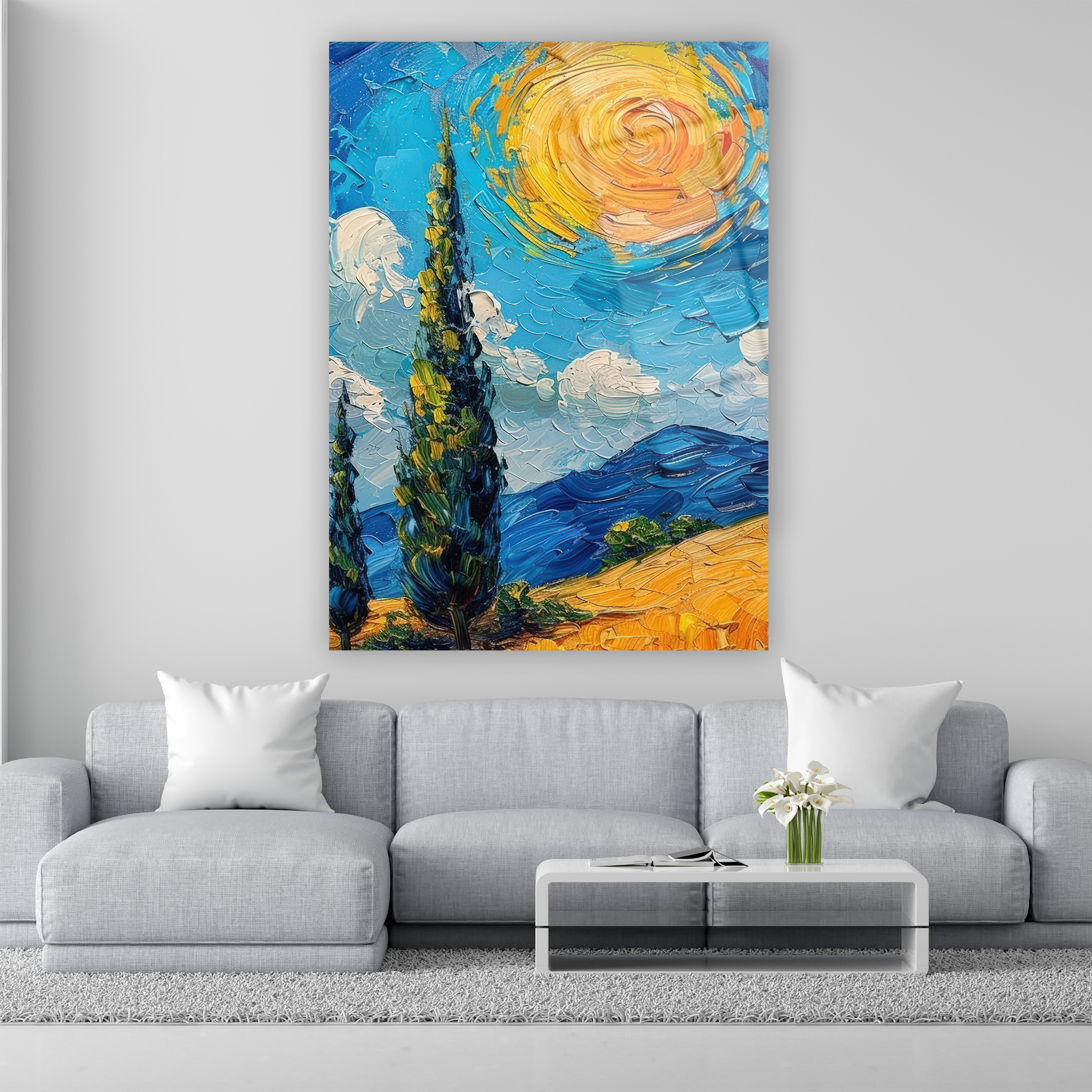 yağlı boya dokulu sıcak tarla ve mavi gökyüzü duvar dekoru
